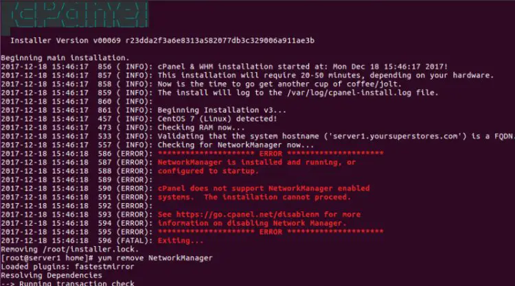 NetworkManager is installed and running : cPanel installation error